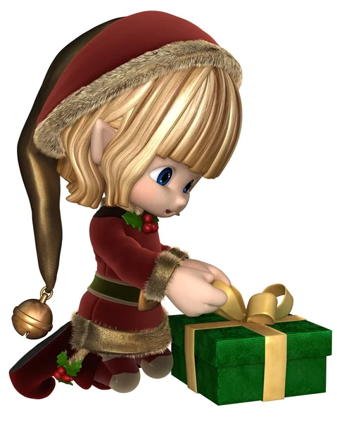 Söta Toon Christmas Elf inslagning en Present — Stockfoto