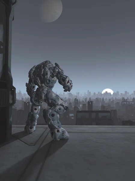 Future City - Robot Sentinel en Moon Rise —  Fotos de Stock