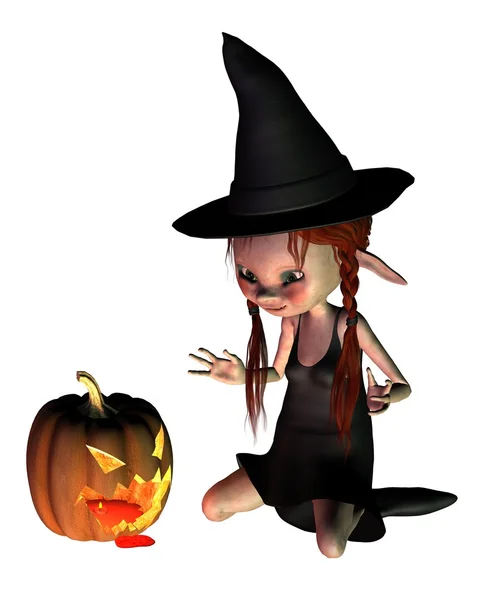 Halloween Goblin Witch met pompoen lantaarn — Stockfoto