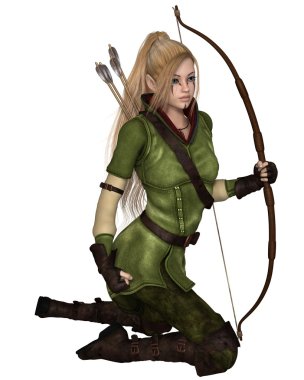Sarışın kadın Elf Archer, diz çökmüş