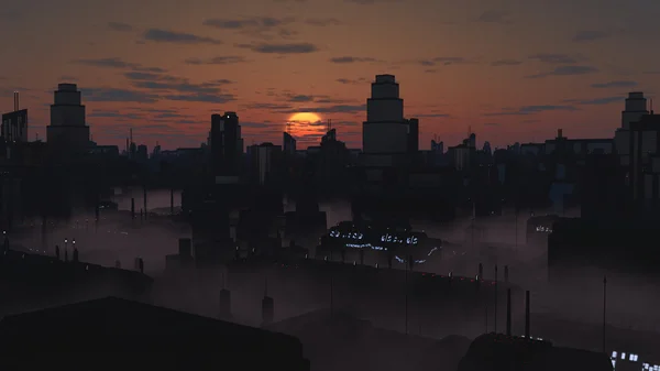 Future City in Misty Sunset — Stock Photo, Image