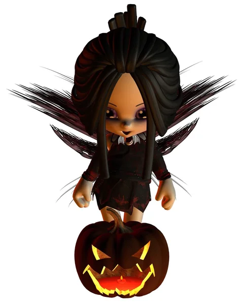 Cute Toon Halloween Fairy and Pumpkin Lantern - standing — Stock Photo, Image