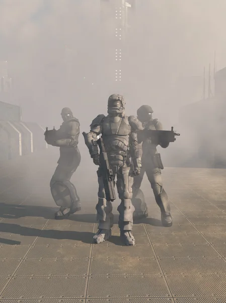 Toekomstige Space Marines oprukte vanuit de Mist — Stockfoto