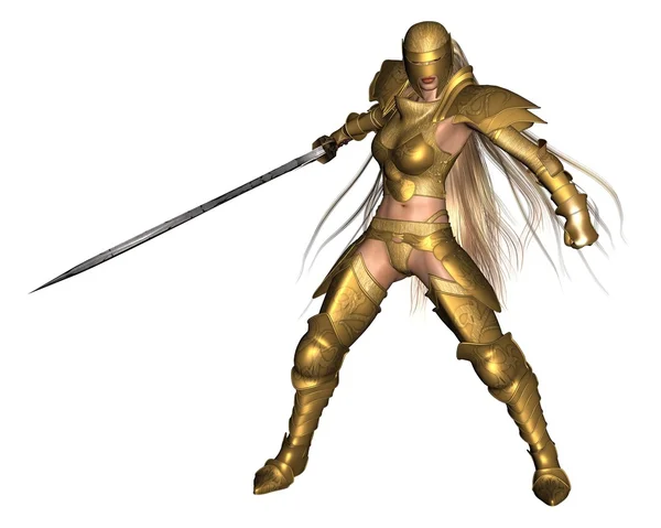 Golden Female Fantasy Warrior - fighting pose — Stock Photo, Image