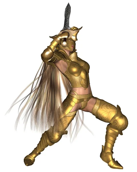 Golden Female Fantasy Warrior - espada levantada —  Fotos de Stock