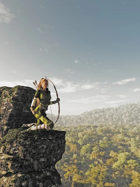 Rubia elfo hembra arquero por encima del bosque — Foto de Stock