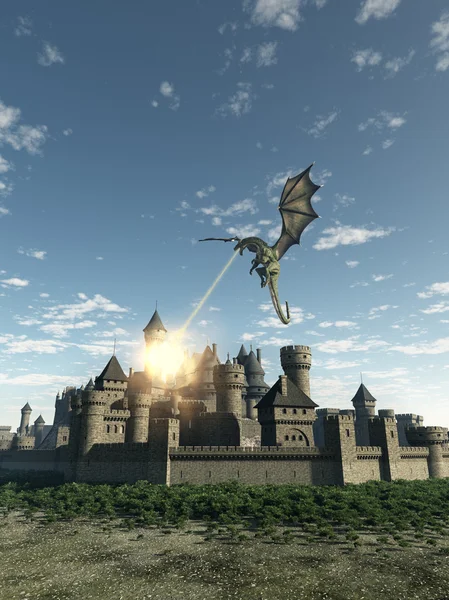Dragon attaquant une ville fortifiée médiévale — Photo