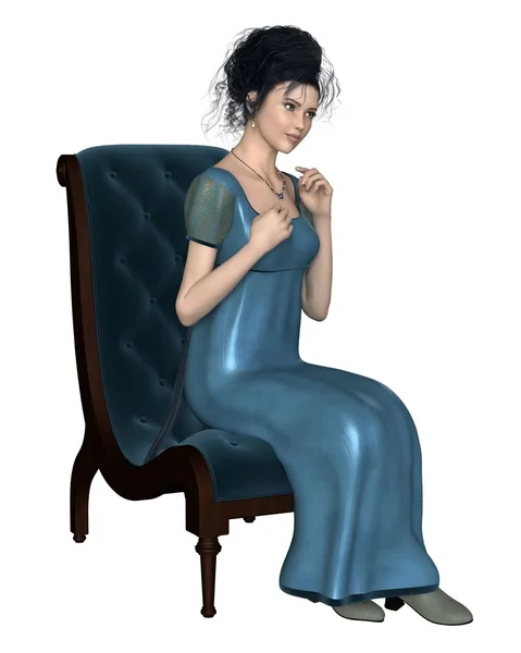 Regency Woman in Blue Dress Sitting on a Chair — Stock Photo, Image