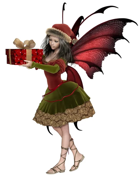 Christmas Fairy Elf Girl Holding a Gift — Stock Photo, Image