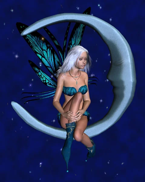 银蓝色月亮仙女与繁星点点的夜晚背景 — 图库照片