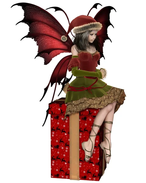 Christmas Fairy Elf Girl Sitting on a Present — Stock Photo, Image