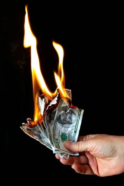 Hand Holding Burning Banknotes Fake Money Used Avoid Illegaltiy — Stock Photo, Image