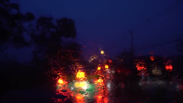Przedniej szyby w deszczu w nocy — Wideo stockowe