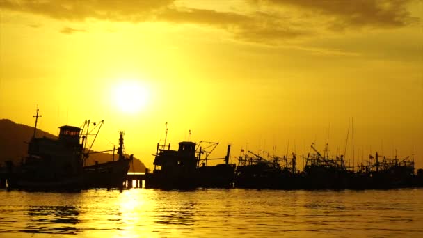 Fischereihafen bei Sonnenuntergang — Stockvideo