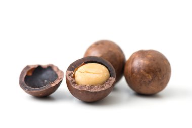 Beyaz arka planda Macadamia fındıkları