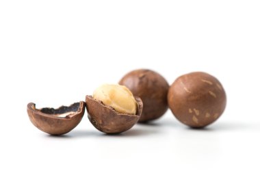 Beyaz arka planda Macadamia fındıkları