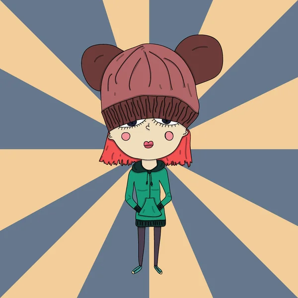 Mignon dessin animé adolescent fille avec Gros tête dans Gros chapeau — Image vectorielle