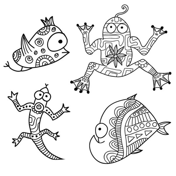 Set of 3 contour ethnic hand-drawn creature monsters — Stock Vector