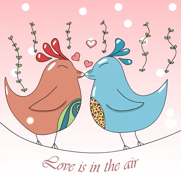 Two cute cartoon birds sitting on the tree branch and kissing each other. Pretty Valentines day postcard — Stock Vector