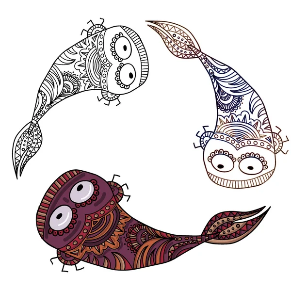 Colorful ethnic hand-drawn creature monster in 3 variations — Stock Vector