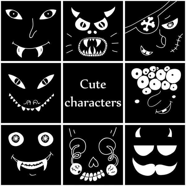 Cartoon collection - set of eight funny cartoon faces, monsters and characters — Stock Vector