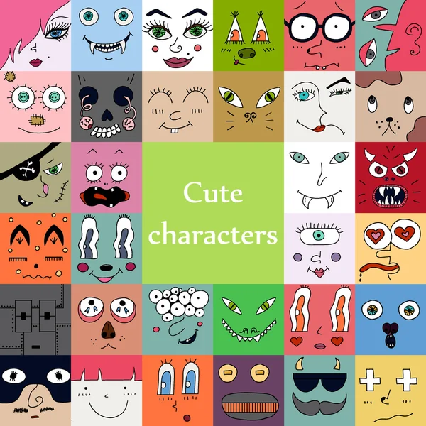 Huge set of different faces of monsters and cartoon characters — Stock Vector