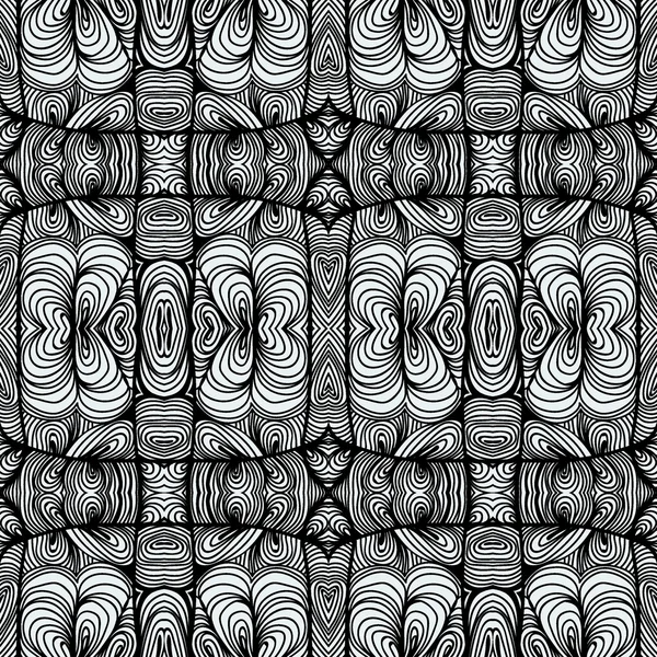 Monochrom lockig abstraktes nahtloses Doodle-Muster - schwarz-weißes Design — Stockvektor