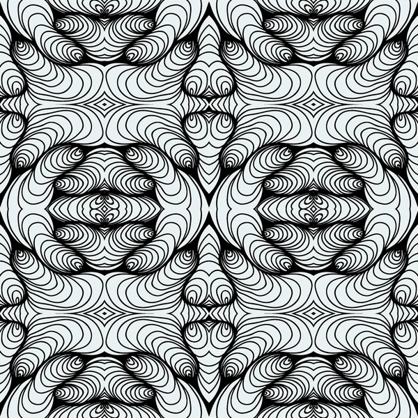 Monochrom lockig abstraktes nahtloses Doodle-Muster - schwarz-weißes Design — Stockvektor