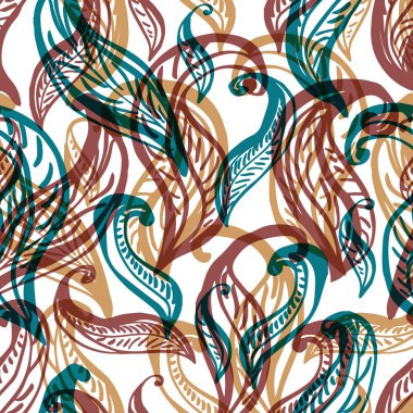 El kroki doodle kıvırcık yaprakları ile çizilmiş seamless modeli