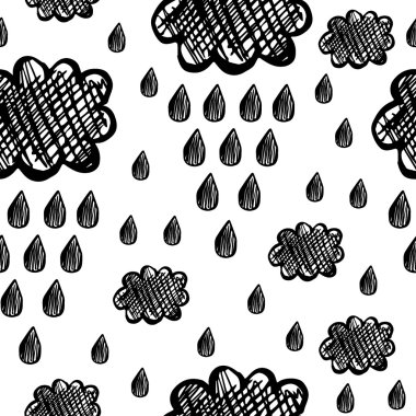 Yağmurlu seamless modeli - elle çizilmiş doodle bulutlar ve damla