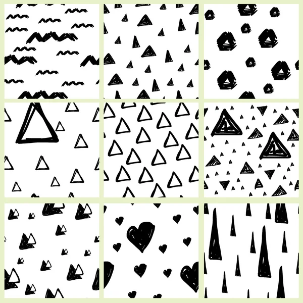 Set of nine hand drawn seamless pattern. Sketch black and white doodles background — Stock vektor