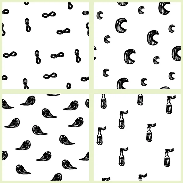 Set of four seamless doodle patterns - sketch of alchemic bottles, moons and another shapes — Stock Vector