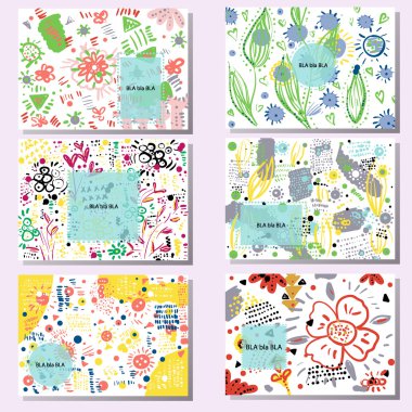 6 yaratıcı kartları kümesi. El dokular Doodle çizilmiş. Doğum günü, düğün davetiye, kartvizit şablonları.