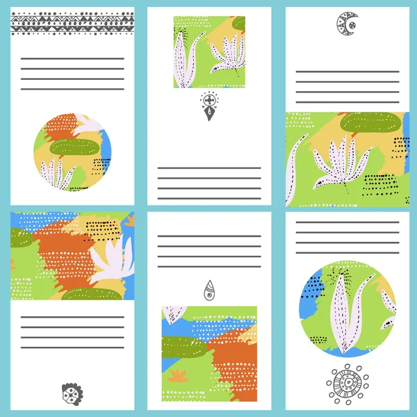 Conjunto de 6 tarjetas creativas. Texturas Doodle dibujadas a mano. Cumpleaños, Invitación de boda, Plantillas de tarjetas de visita . — Vector de stock