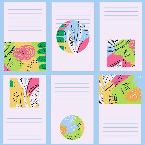 Conjunto de 6 tarjetas creativas. Texturas Doodle dibujadas a mano. Cumpleaños, Invitación de boda, Plantillas de tarjetas de visita . — Vector de stock