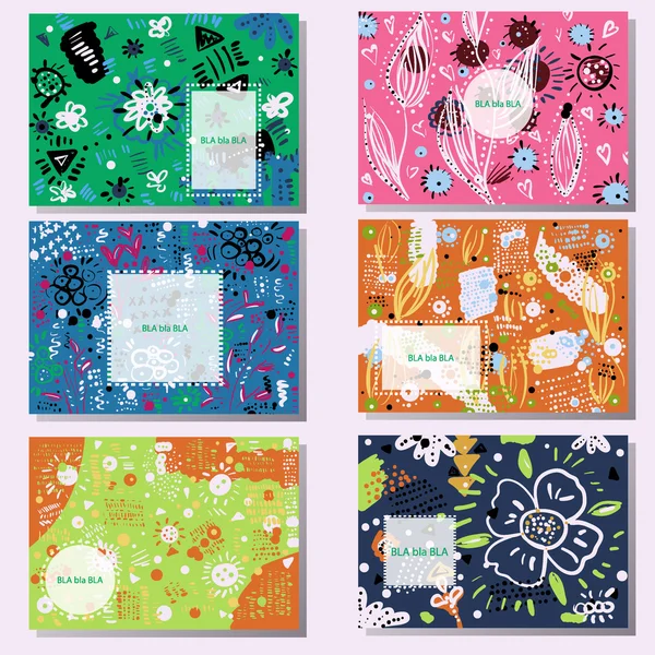 6 yaratıcı kartları kümesi. El dokular Doodle çizilmiş. Doğum günü, düğün davetiye, kartvizit şablonları.