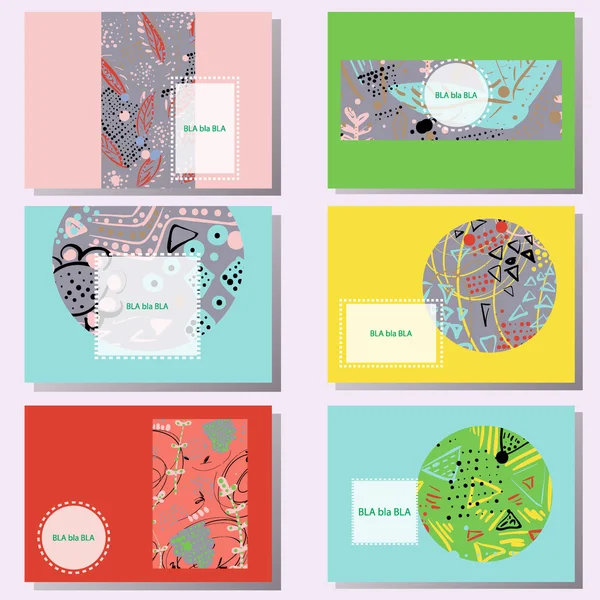 6 yaratıcı kartları kümesi. El dokular Doodle çizilmiş. Doğum günü, düğün davetiye, kartvizit şablonları.