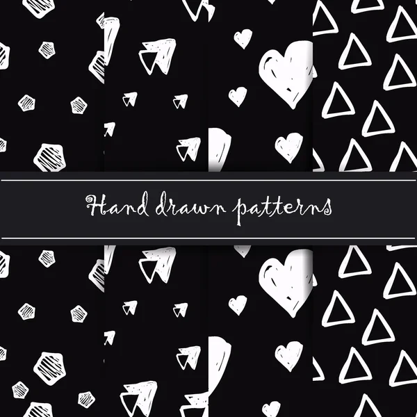 Dört Dikişsiz desen seti. Siyah ve beyaz çizilmiş dokuları ver. Minimalist doodle öğeleri