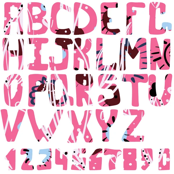 Vector alfabetet från A till ö med fyllning av handritad doodle texturer och siffror — Stock vektor