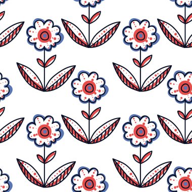 Halk çiçek süsleme. En az renkler, doodle güzel çiçekler ile Seamless dokulu modeli