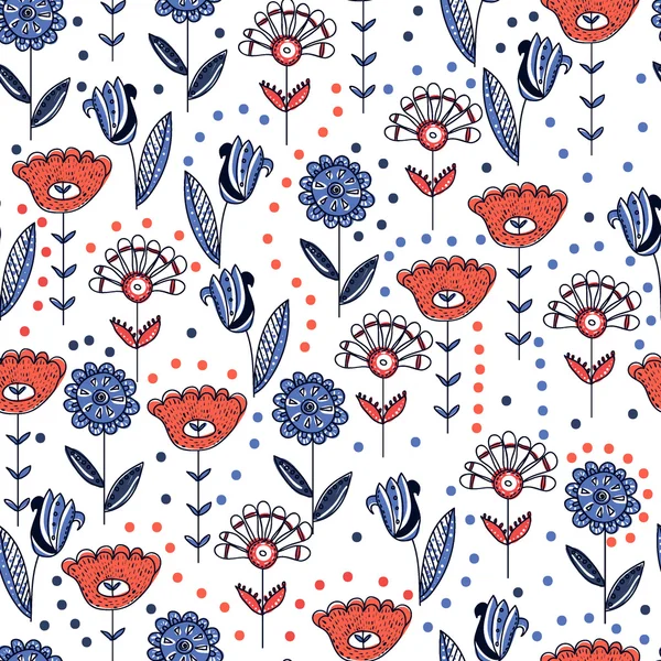 Halk çiçek süsleme. En az renkler, doodle güzel çiçekler ile Seamless dokulu modeli