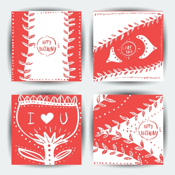 Conjunto de cuatro plantillas de tarjetas. Texturas florales hechas a mano. Invitaciones, plantilla de tarjeta de visita, postales — Vector de stock
