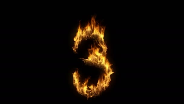 3D动画的数字3与阿尔法层着火 — 图库视频影像
