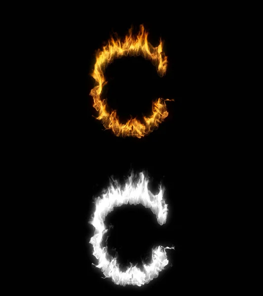 3D illustration of the letter c on fire with alpha layer