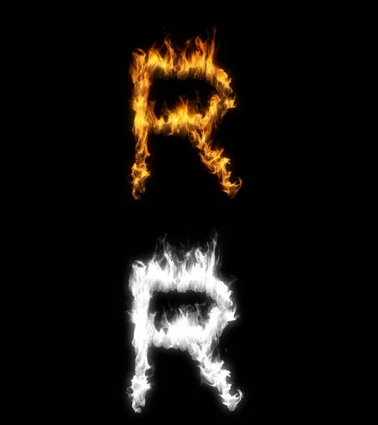 带有Alpha层的字母R着火的3D说明 — 图库照片