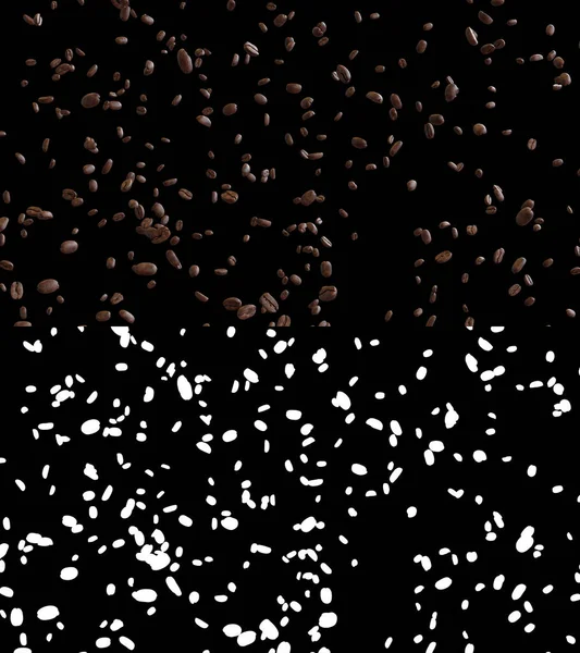 アルファ層を持つコーヒー豆の流れの3Dイラスト — ストック写真