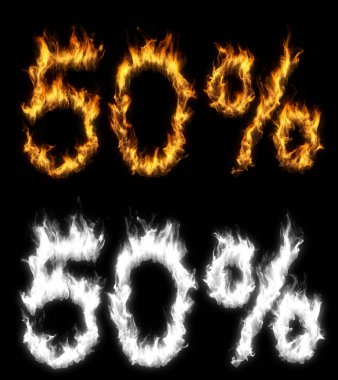 3D illustration of number percent text discount sale on fire with alpha layer clipart