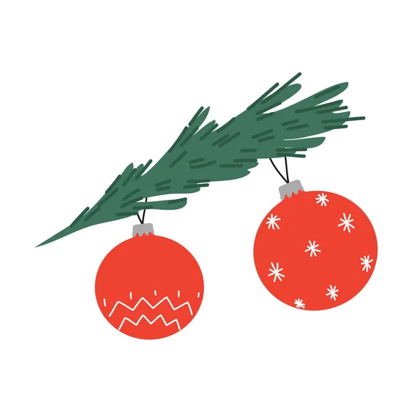 Traditionell jul dekorativa röda bollar hängande på vintergröna dekorerade träd — Stock vektor