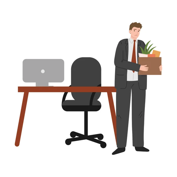 Smutny sfrustrowany zwolniony pracownik biurowy trzymający skrzynkę z rzeczami z biurka — Wektor stockowy