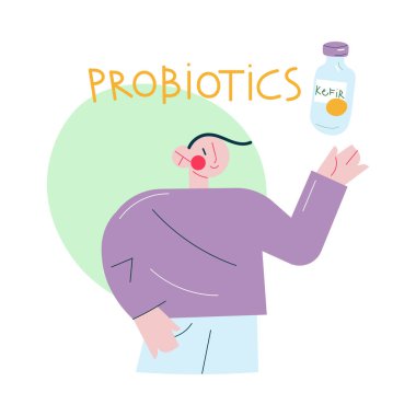 Sağlıklı gülümseyen bir adam midesindeki mikroflora için kefir probiyotiği içiyor.